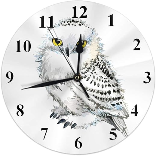 HGOD DESIGNS Owl Round Wall Clock,Cute Watercolor Animal White Snowy owl Silent Round Wall Clock Home Wall Decorative for Bedroom Office School Art(10)