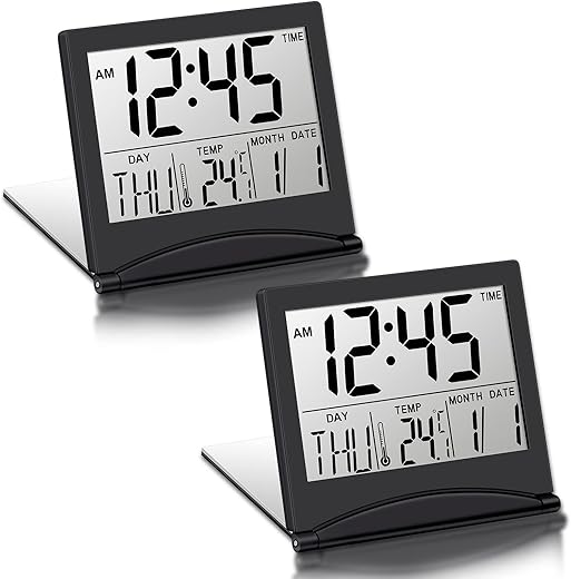 Hicarer 2 Pieces Digital Travel Alarm Clock Battery Operated Foldable LCD Clock with Calendar Temperature Snooze Mode Multifunction Small Desk Clock Portable Clock Large Display Desk Clock(Black)