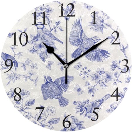 Hidove Chinoiserie Garden Floral Bird Wall Clock 9.8 Inch Silent Round Wall Clock Battery Operated Non Ticking Creative Decorative Clock for Kids Living Room Bedroom Office Kitchen Home Decor