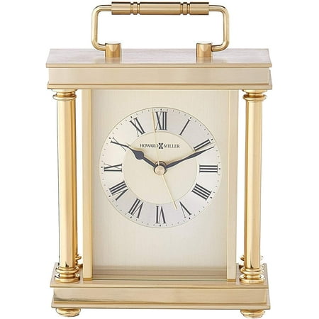 Howard Miller Audra Table Clock 645-584 – Brushed & Polished Brass Finishes, Decorative Handle, Black Accents, Modern Home Decor, Quartz Alarm Movement