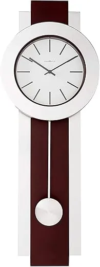 Howard Miller Bergen Wall Clock 625-279 Modern, Merlot Cherry Finish, Brushed Nickel Pendulum, Bezel & Sidebars, Quartz Movement, Black Bar Hour Markers