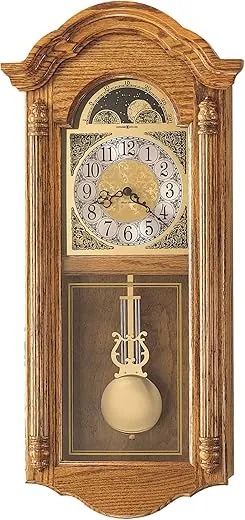 Howard Miller Clay Wall Clock II, 28.5 Inches Crystal Glass Golden Oak Pendulum Wall Clocks, Ave Maria Chime Movement Perfect for Living Room Office, and Home Decor, Home Shape Portable Clock