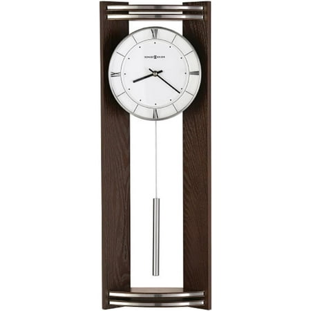 Howard Miller Deco Wall Clock 625-695 ? Black Coffee Finish, Angled Side Panels, Glass Crystal, Silver Finished Cylindrical Pendulum Bob, Quartz Movement