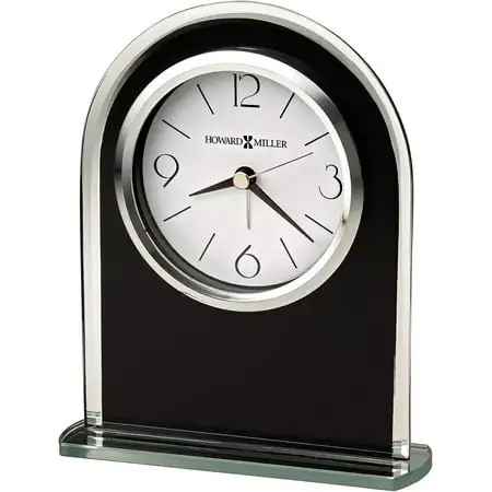 Howard Miller Ebony Luster Table Clock 645-702 – Modern Decor, Black Glass Arch, Silver Mirrored Edge & Base, Black Hour Markers, Quartz Alarm Movement