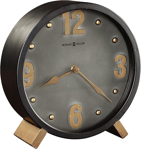 Howard Miller Elmer Mantel Clock 635-244 – Aged Black Finish, Metal Material, Charcoal Finished Dial, Gold Arabic Numerals, Battery-Operated Quartz Movement, Tabletop Clock