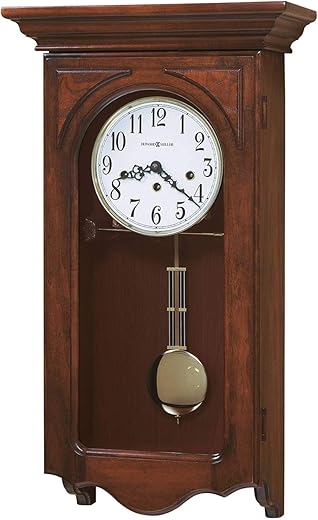 Howard Miller Laingsburg II Wall Clocks, 24.25 In Analog Display, Key-wound, Single Chime Movement Brown Hardwoods Pendulum Clocks With Windsor Cherry Finish For Home Decor, Living Room & Office