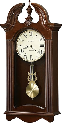 Howard Miller Malia Wall Clock 625-466 - Cherry Bordeaux Finish, Brushed Brass Round Pendulum Bob, Home Decor, Quartz Single-Chime Movement, Volume Control