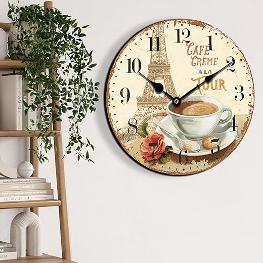 HQF French Wall Clock,16 Silent Wall Clocks Cafe & Paris Tower Style Vintage Rustic Clocks Farmhouse Clock Upgraded Movement MDF Wooden for Living Room Bedroom Kitchen Decor