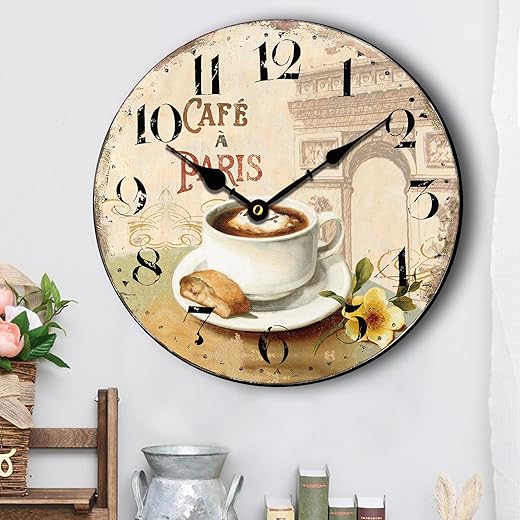 HQF Vintage Wall Clock,16" French Wall Clocks Cafe & L'Arc de Triomphe Style Rustic Clocks Farmhouse Clock Silent Clock Upgraded Movement MDF Wooden for Living Room Bedroom Kitchen Decor