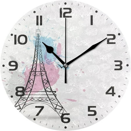 Hyjoy 10in Art Eiffel Tower Wall Clock Silent Non Ticking Round Clock Oil Painting Clock Easy to Read Clock for Living Room Bedroom Bathroom Home Decor