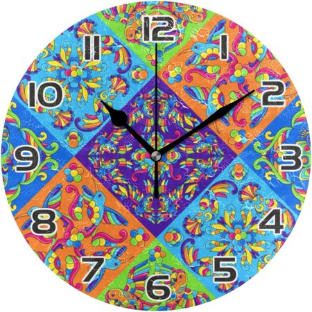 Hyjoy 10in Mexican Talavera Ceramic Tile Pattern Clock Silent Round Wall Clock Non Ticking Battery Device Clocks Creative Decoration Wall Clock for Living Room Bedroom Office Kitchen