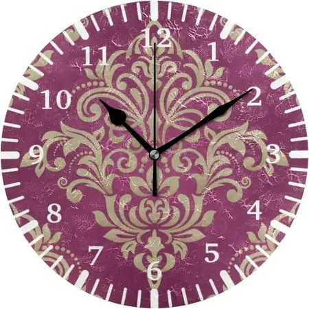 Hyjoy Baroque Damask Dark Red Wall Clock,Silent Non Ticking 10 Inch Battery Operated Round Wall Clocks for Kitchen,Home,Bedrooms,Office Decor