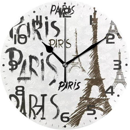 Hyjoy Paris Eiffel Tower Wall Clock 10 Inch Silent Non Ticking Round Clock Oil Painting Clock Easy to Read Clock for Living Room Bedroom Bathroom Home Decor