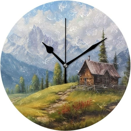 Hyjoy Watercolor Forest Cabin Wall Clock, Round Silent Wall Clock, 9.84 inches, Home Decor, for Living Room, Kitchen, Bedroom