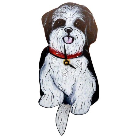 HYYYYH Swinging-Tail Pendulum Dog Clock - Black White Shih Tzu