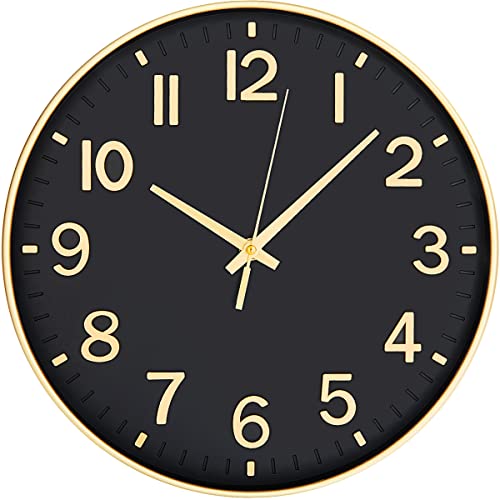 HZDHCLH Black Wall Clocks Battery Operated,12 inch Silent Non Ticking Modern Clock for Wall, 3D Numbers Wall Clock for Kitchen Bedroom Living Room Office Classroom Decor (Black-Gold)