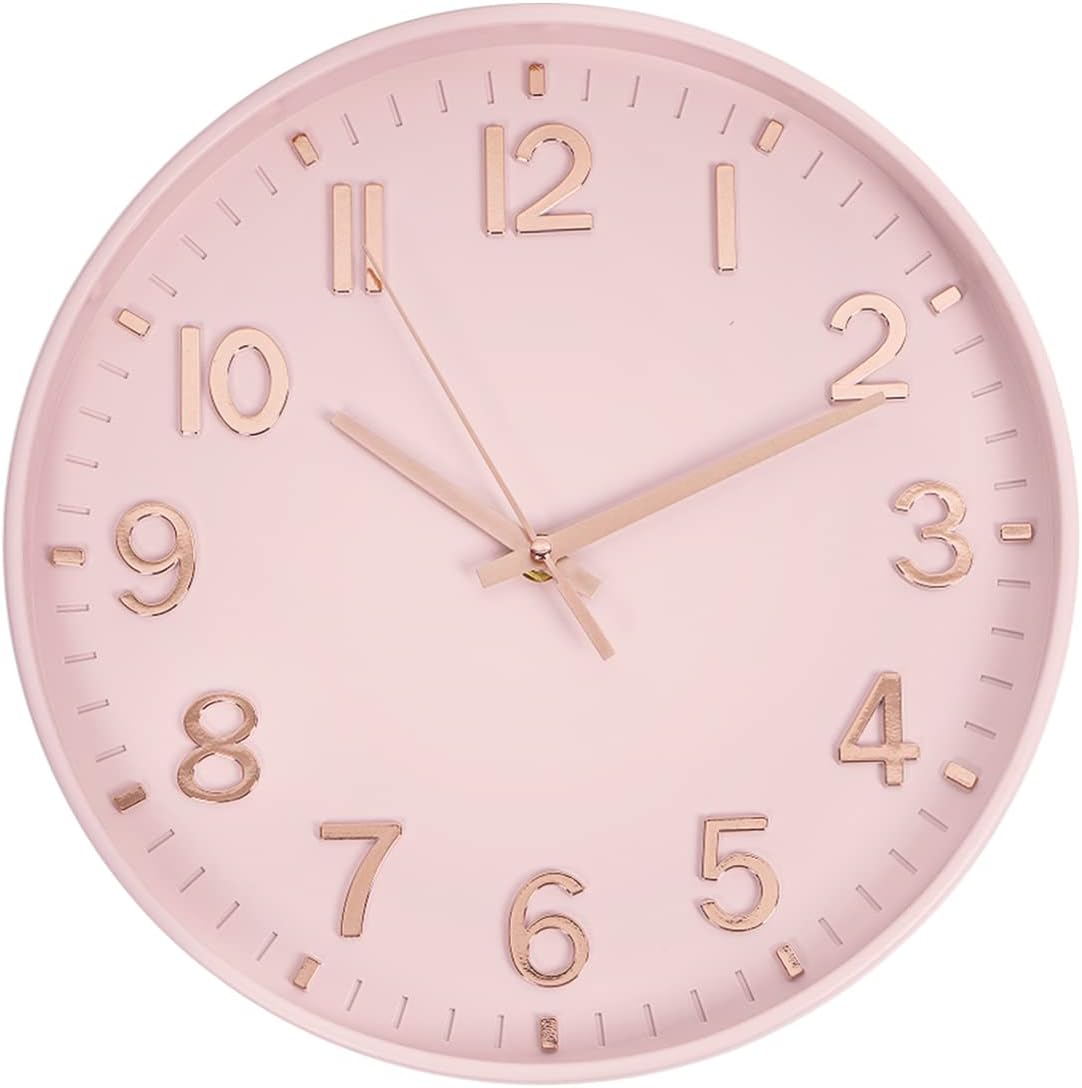 HZDHCLH Pink Wall Clocks Battery Operated,12 inch Silent Non Ticking Modern Wall Clock for Living Room Bedroom Kitchen Office Classroom Decor