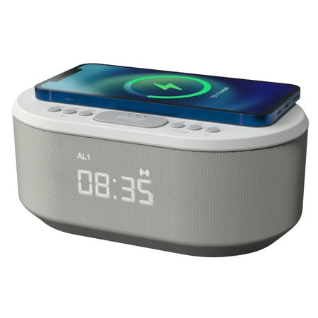 i-box Dawn Bedside Alarm Clock Radio with Bluetooth Speaker, Wireless Charger, LED Display - White