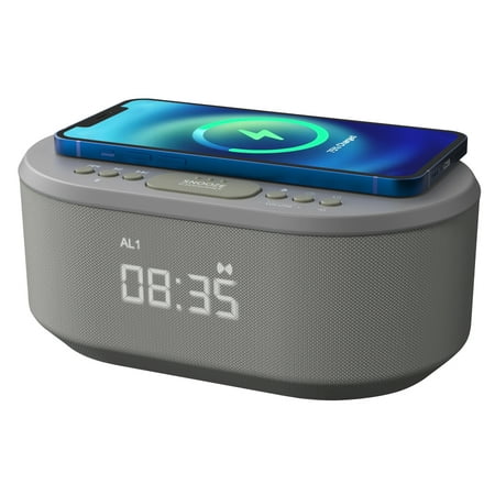 i-box Dawn Bedside Alarm Clock Radio with Bluetooth Speaker, Wireless Charger, LED Display - Gray