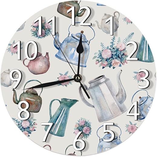 IBILIU Vintage Kettles Wall Clock Non Ticking,Kitchen Drink Floral Beige Cafe teapots Porcelain Roses Round Wall Clocks Battery Operated for Living Room Bedroom Decor