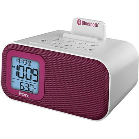 iHome Bluetooth Bedside Dual Alarm Clock with USB Charging and Line-In (White/Pink)