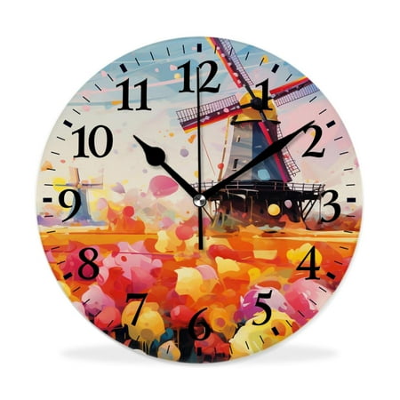 IMPCOKRU 10 inch Round Wall Clock,Traditional Dutch Tulips Design,Silent Non Ticking Wall Clocks for Living Room Kitchen Bedroom