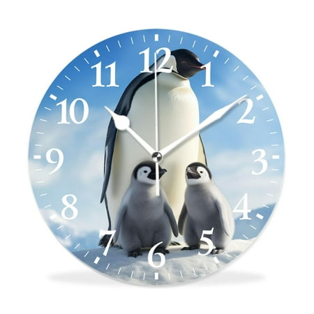 IMPCOKRU 12 inch Round White Wall Clock,Penguin Family Winter Picture,Silent Non-Ticking Wall Clock Decor for Home Office Kitchen Living Room Bedroom