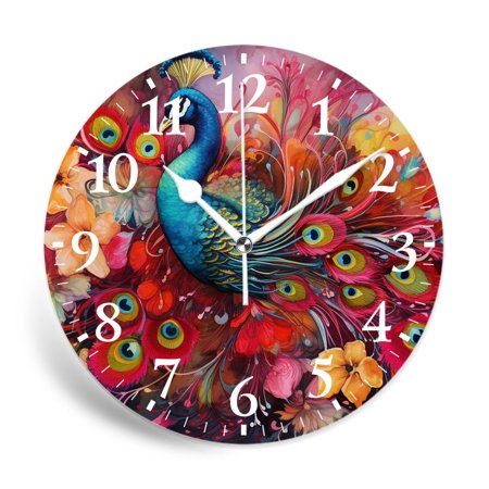 IMPCOKRU 12 inch Round White Wall Clock,Stained Glass Style with Colorful Hummingbird Multicolor,Silent Non-Ticking Wall Clock Decor for Home Office Kitchen Living Room Bedroom