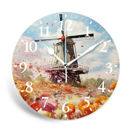 IMPCOKRU 12 inch Round White Wall Clock,Traditional Dutch Tulips Picture,Silent Non-Ticking Wall Clock Decor for Home Office Kitchen Living Room Bedroom