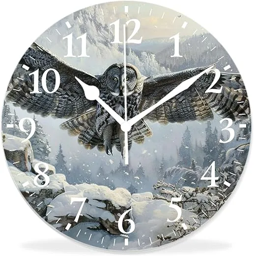 IMPCOKRU 14 inch Round Wall Clock,Pretty Owl Bird Flying Snow Winter Forest Landscape Cute,Silent Non-Ticking Wall Clock Decor for Home Office Kitchen Living Room Bedroom