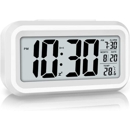 Indoor Temperature Alarm Clock for Bedrooms, Smart Night Light, Battery Operated Small Easy Desk Bedside Gifts Clock-White