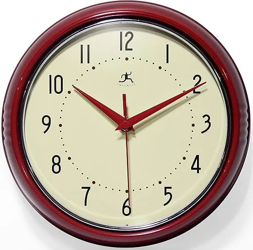 Infinity Instruments LTD. Retro 12 inch Silent Sweep Non-Ticking Mid Century Modern Kitchen Diner Wall Clock Quartz Movement Retro Wall Clock Decorative (Red)