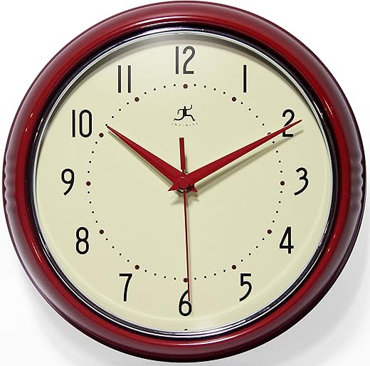 Infinity Instruments LTD. Retro 12 inch Silent Sweep Non-Ticking Mid Century Modern Kitchen Diner Wall Clock Quartz Movement Retro Wall Clock Decorative (Red)