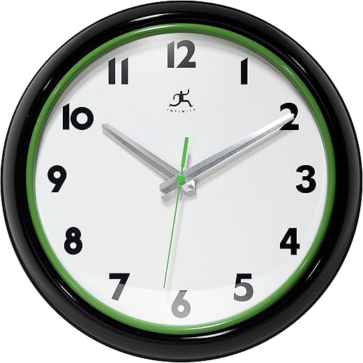 Infinity Instruments Lux Black Wall Clock, Retro 12 inch Modern Wall Clock, Easy to Read, Great for Living Room, Office, Home (Black and Green)