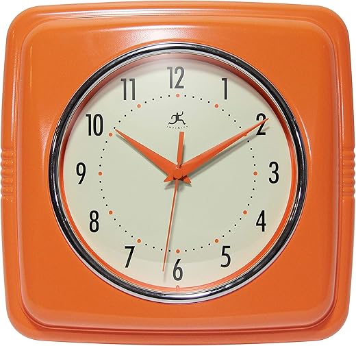 Infinity Instruments Retro Wall Clock - 9 Inch Square Clock - Silent Non-Ticking Mid Century Modern - Kitchen Clock Office Clock Diner Wall Clock - Vintage Wall Clock Decorative - Orange