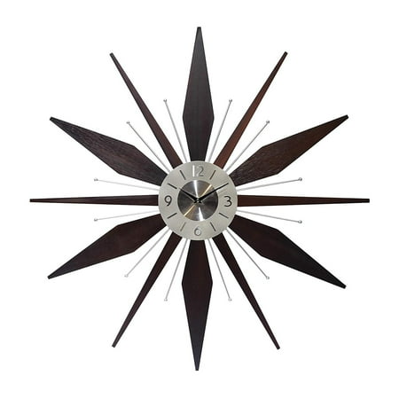 Infinity Instruments Sunburst Mid-Century Utopia Metal Wall Clock, Dark Walnut