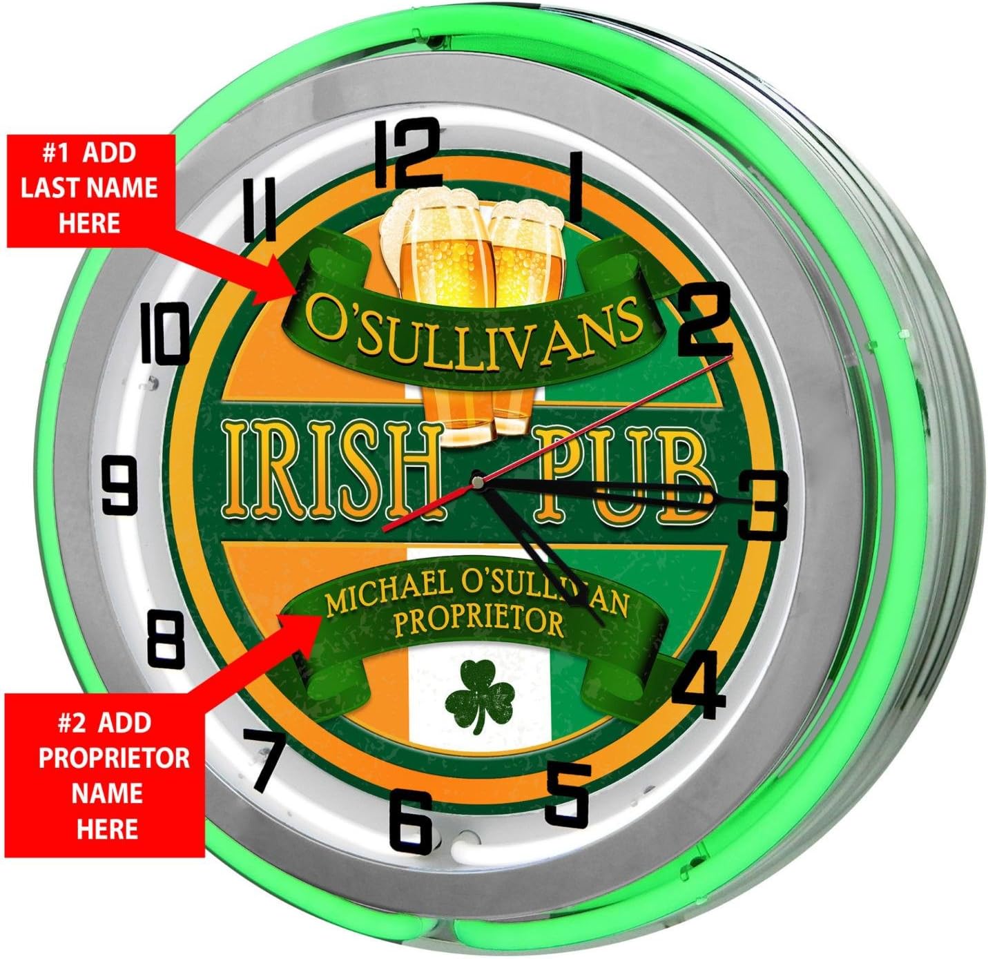 Irish Pub Personalized 18 Green Double Neon Clock from