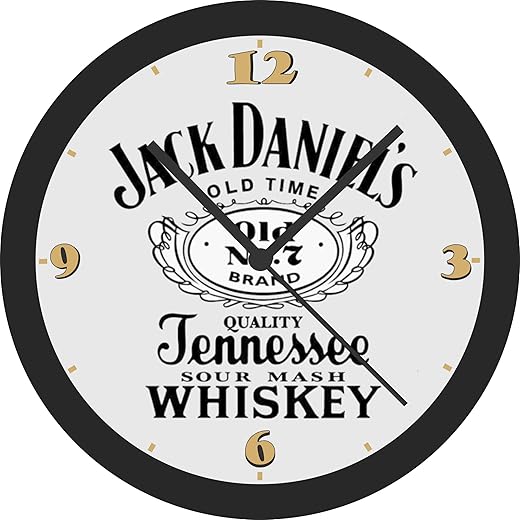 Jack Daniels Old Time No.7 Whiskey Sign Wall Clock, 10-inch Diameter, Clear Numbers, 8-Color Printed Graphics, Durable Plastic Case, Scratch-Resistant Glass Lens.