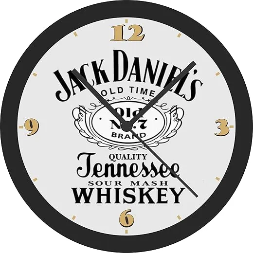 Jack Daniels Old Time No.7 Whiskey Sign Wall Clock, 10-inch Diameter, Clear Numbers, 8-Color Printed Graphics, Durable Plastic Case, Scratch-Resistant Glass Lens.