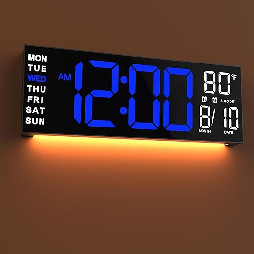 JALL 16" Large Digital Wall Clock Timer, Remote Controll, 2 Alarms, LED Display, 8 RGB Color, Auto DST, Temperature for Living Room, Bedroom, Desk, Mounted, Gift for Elderly (Blue White, 16 inches)