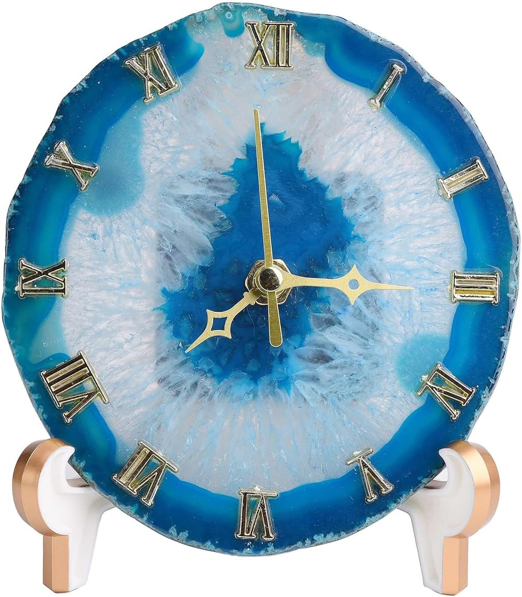 JIC Gem Agate Clock Crystal Desk & Shelf Clocks Home Decor (Blue)