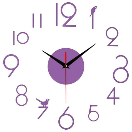 JINGT 3D Frameless Wall Clock, Silent DIY Wall Clock Number Wall Stickers Home Decor Purple