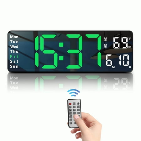 JoFomp Digital Wall Clock - Large LED Display, Loud Alarm, Remote Control, DST, Auto-Dimming, Date and Day, Timer, Temperature - 12/24H Format - Ideal for Living Room, Bedroom, Kids(Green)