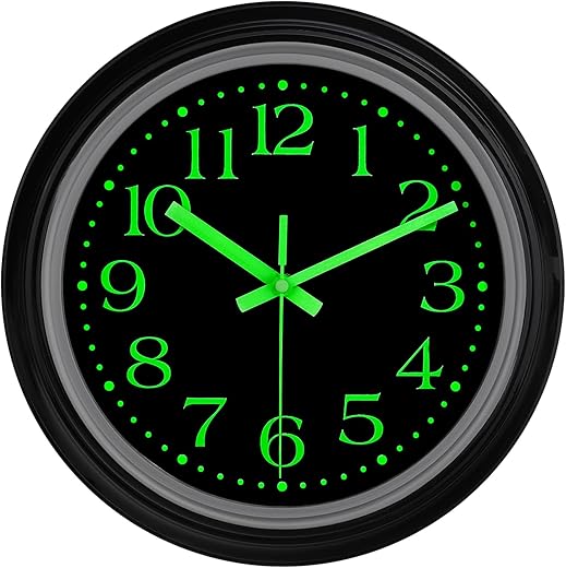 JoFomp Glow in The Dark Clock Wall Decor, 12 Inch Silent Wall Clocks Battery Operated, Luminous Wall Clock for Living Room Decor, Night Light Wall Clock for Bedroom Kitchen Bathroom Garage Office