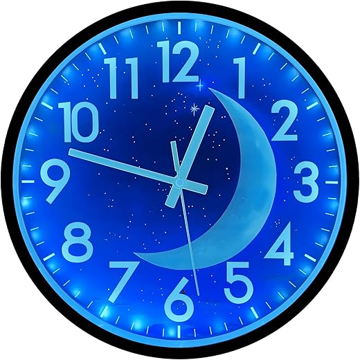 JoFomp LED Light Up Wall Clock Glow in Dark, 12 Inch Silent Wall Clock Battery Operated, Blue Moon Night Light Wall Clocks for Living Room Decor, Sound Control Glow in The Dark Wall Clock for Bedroom