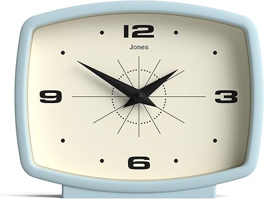 JONES CLOCKS® 'Film' Desk Clock - Retro Rectangular Design in Blue, Cool Look for Shelf, Table, Mantel, or Bedside