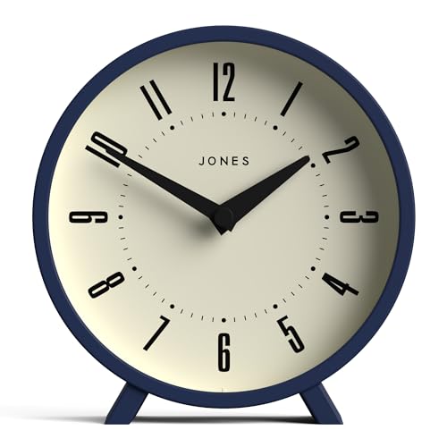 JONES CLOCKS® 'Venus' Desk Clock - Modern Round Design in Blue, Stylish Retro Look for Shelf, Table, Mantel or Bedside