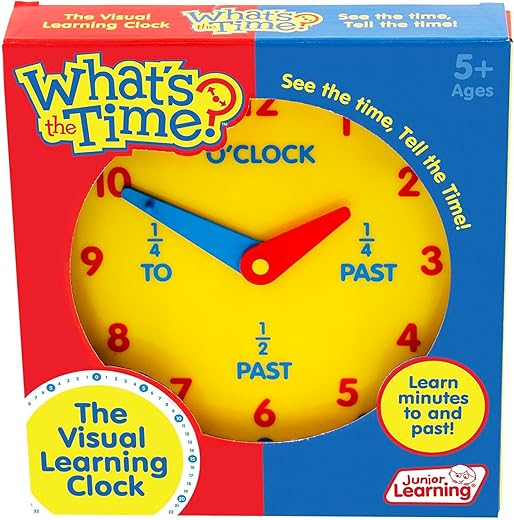 Junior Learning: What's The Time Geared Clock - The Manual Visual Learning Clock, Learn Minutes to & Past, Battery Free, Educational Toy, Kids Ages 5+