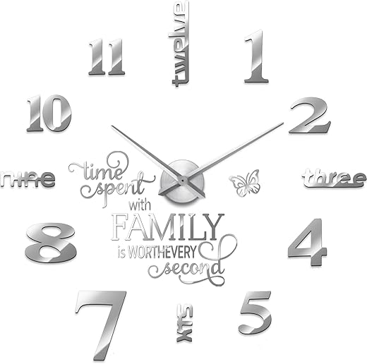 Junkin 3D Large Frameless DIY Wall Clock,Modern Decor Family Quote Wall Stickers Clock kit for Home Living Room Bedroom Office Wall Decorations Adjustable Size (Silver)