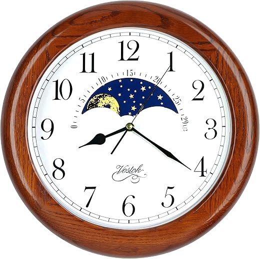 JUSTIME 14 Inch Exclusive Solid Oak Wood Non-Ticking Sweep Mechanical Specialty Moon Phase Moving Dial Wall Clock, Gift, Home Décor